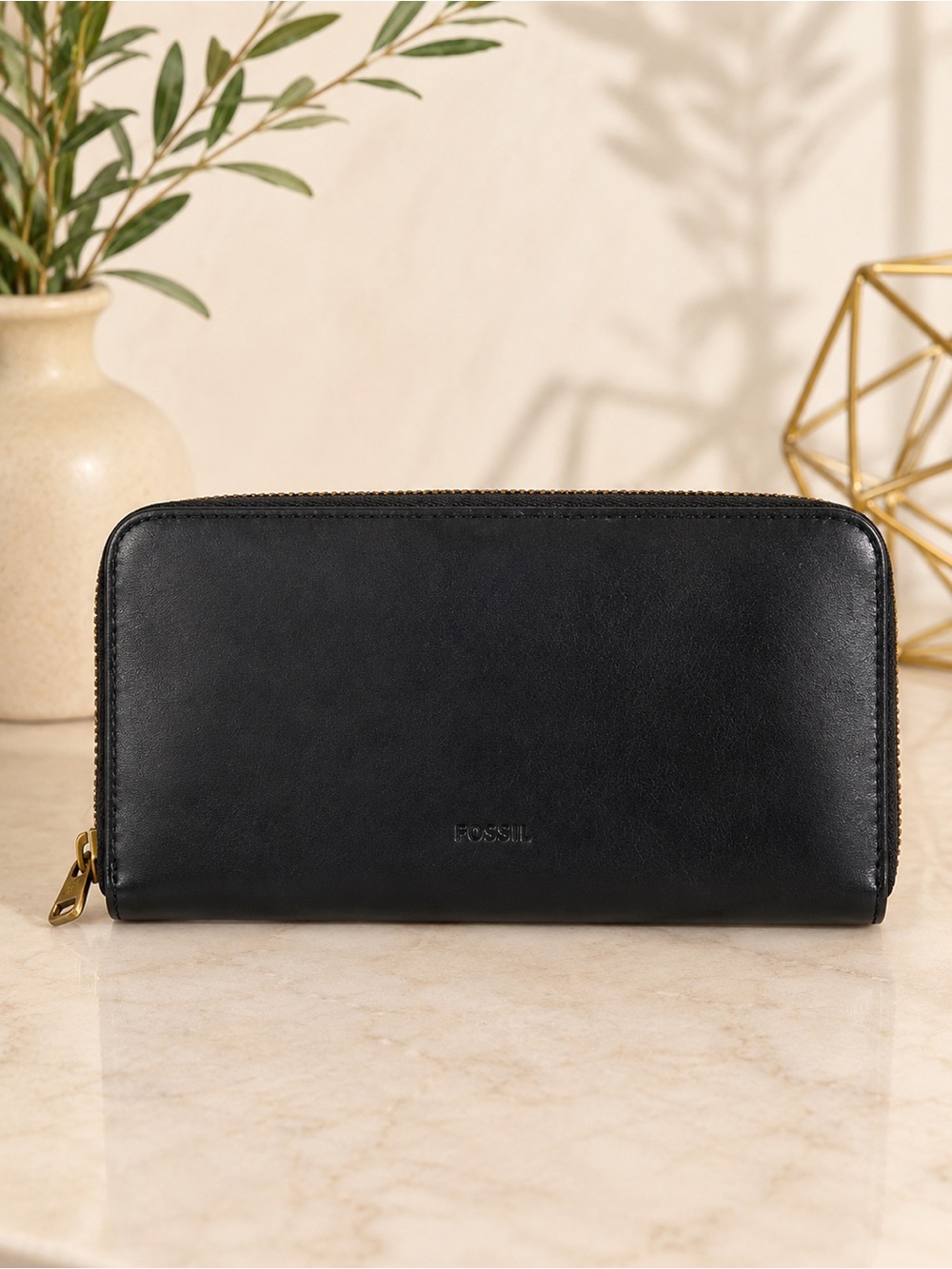 Fossil Black Leather Zip Around Continental Wallet Clutch Organizer